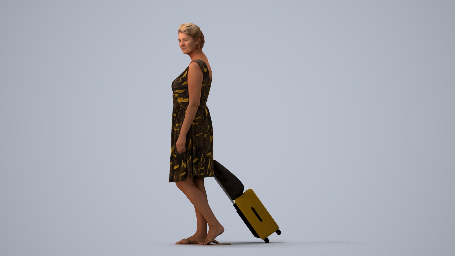 photogrammetry 3D woman casual walking, realistic human model archviz FBX, three-quarter view render