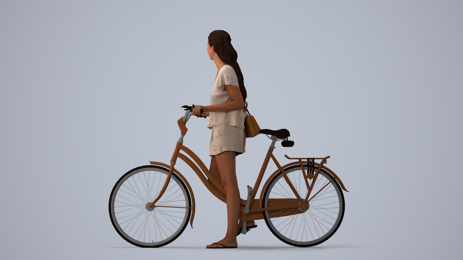 realistic 3D woman casual cycling, scanned archviz people for Blender and 3ds Max, three-quarter view render