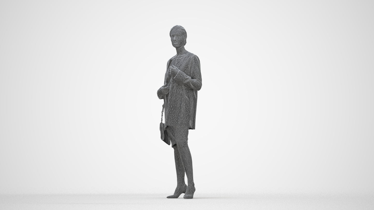 3D scanned woman standing casual, photorealistic archviz people for Enscape and SketchUp, wireframe back view