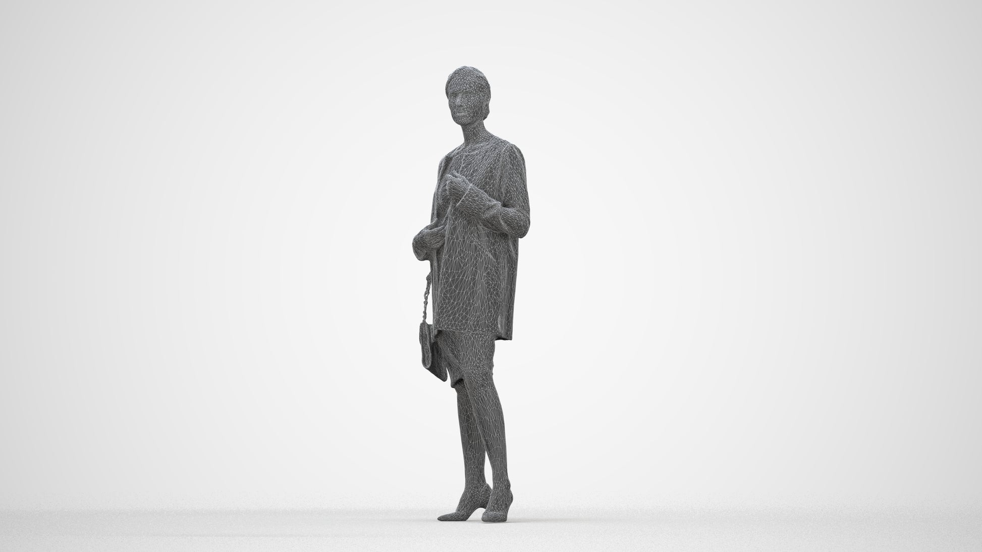 3D scanned woman standing casual, photorealistic archviz people for Enscape and SketchUp, wireframe back view