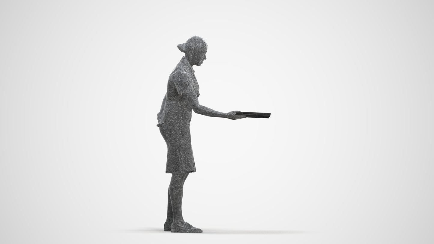 photogrammetry 3D woman hospitality, realistic human model archviz FBX, three-quarter front view render