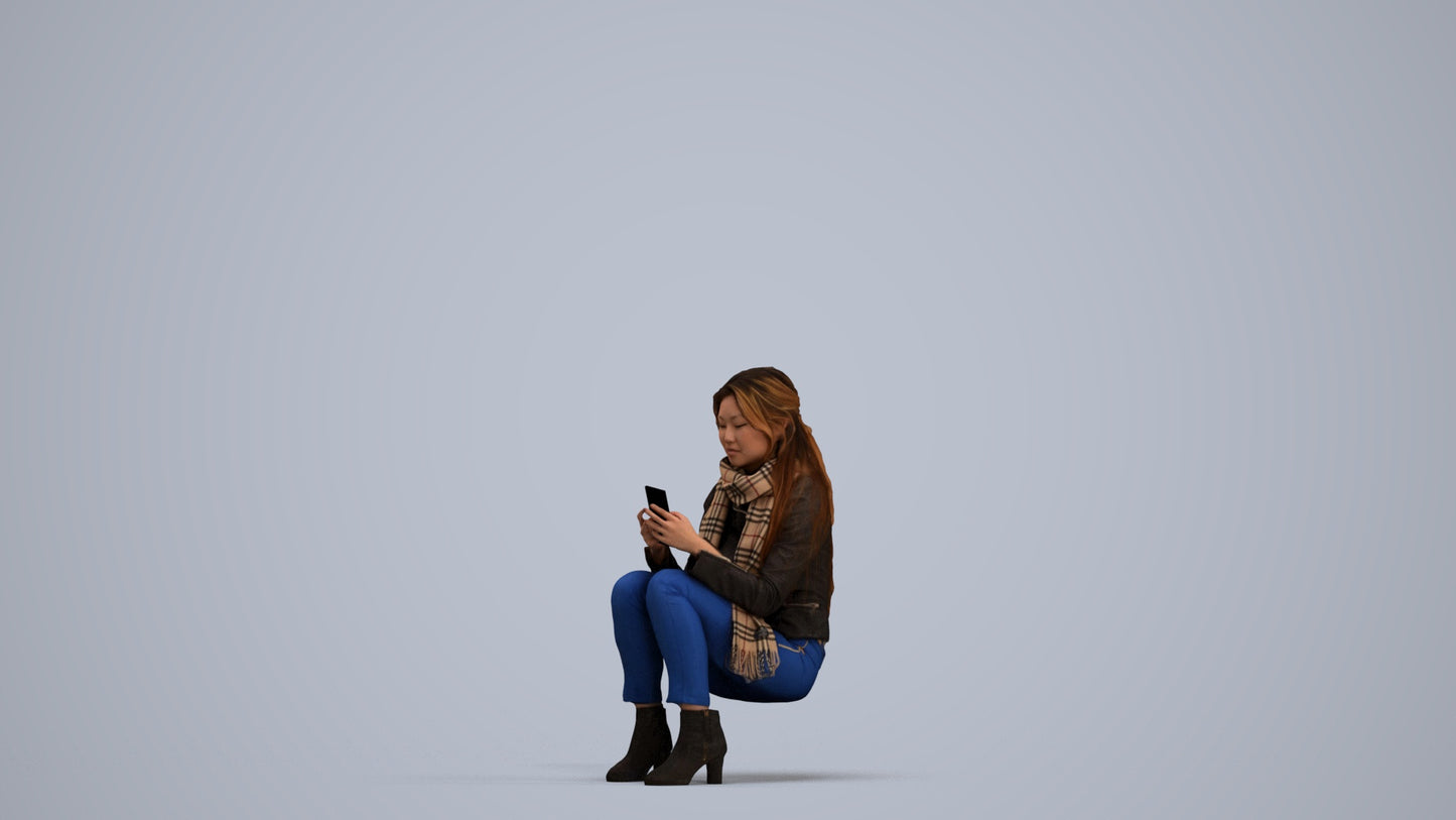 photogrammetry 3D woman casual sitting, realistic human model archviz FBX, standing pose render