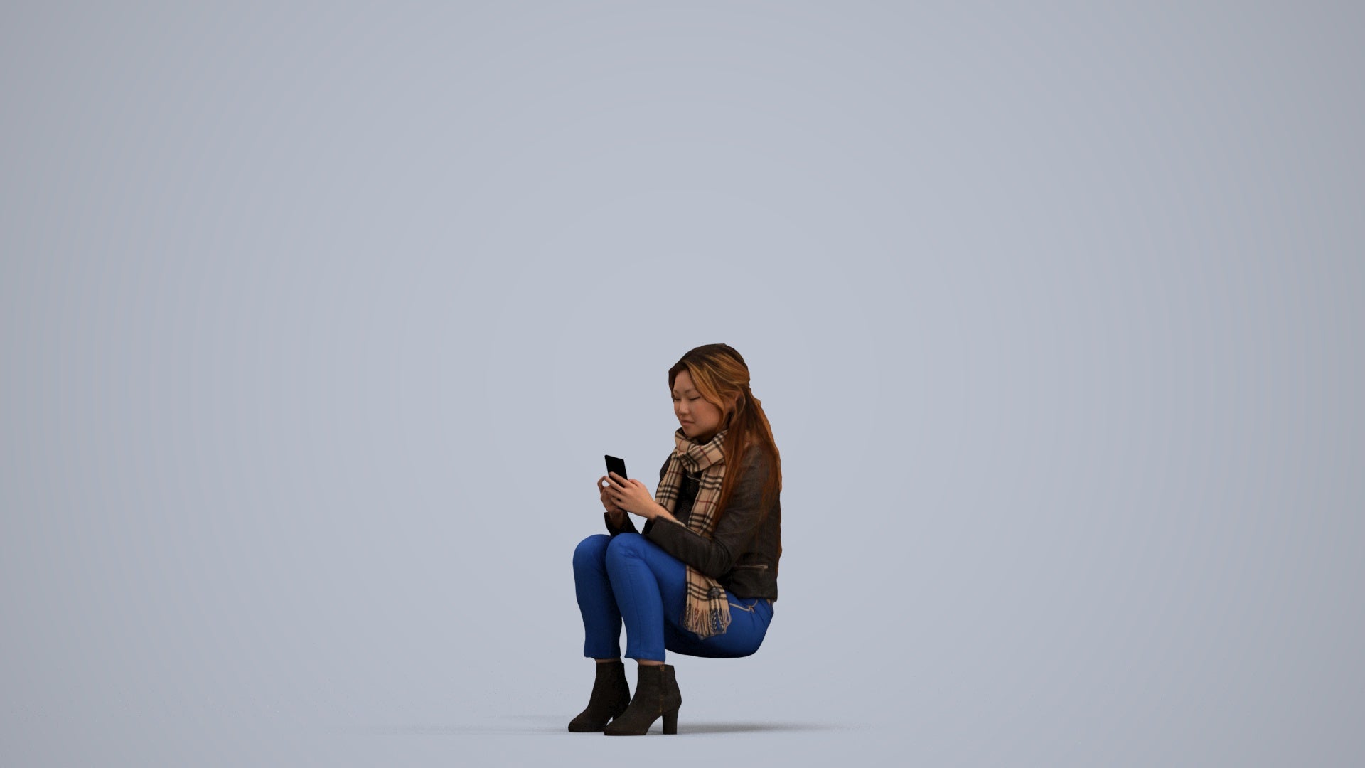 photogrammetry 3D woman casual sitting, realistic human model archviz FBX, standing pose render