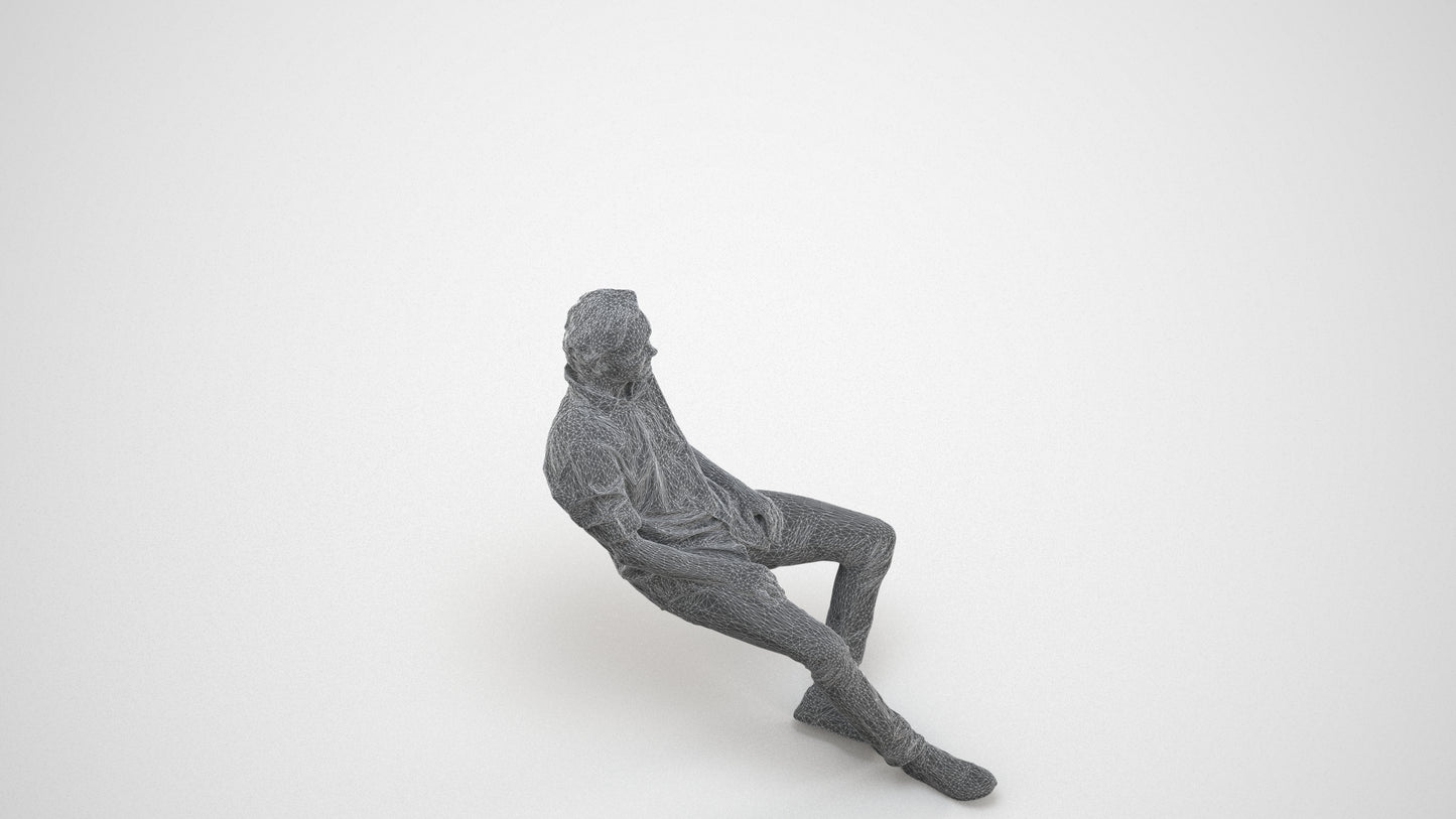 realistic 3D human man casual sitting, archviz people FBX OBJ for Blender, wireframe three-quarter view
