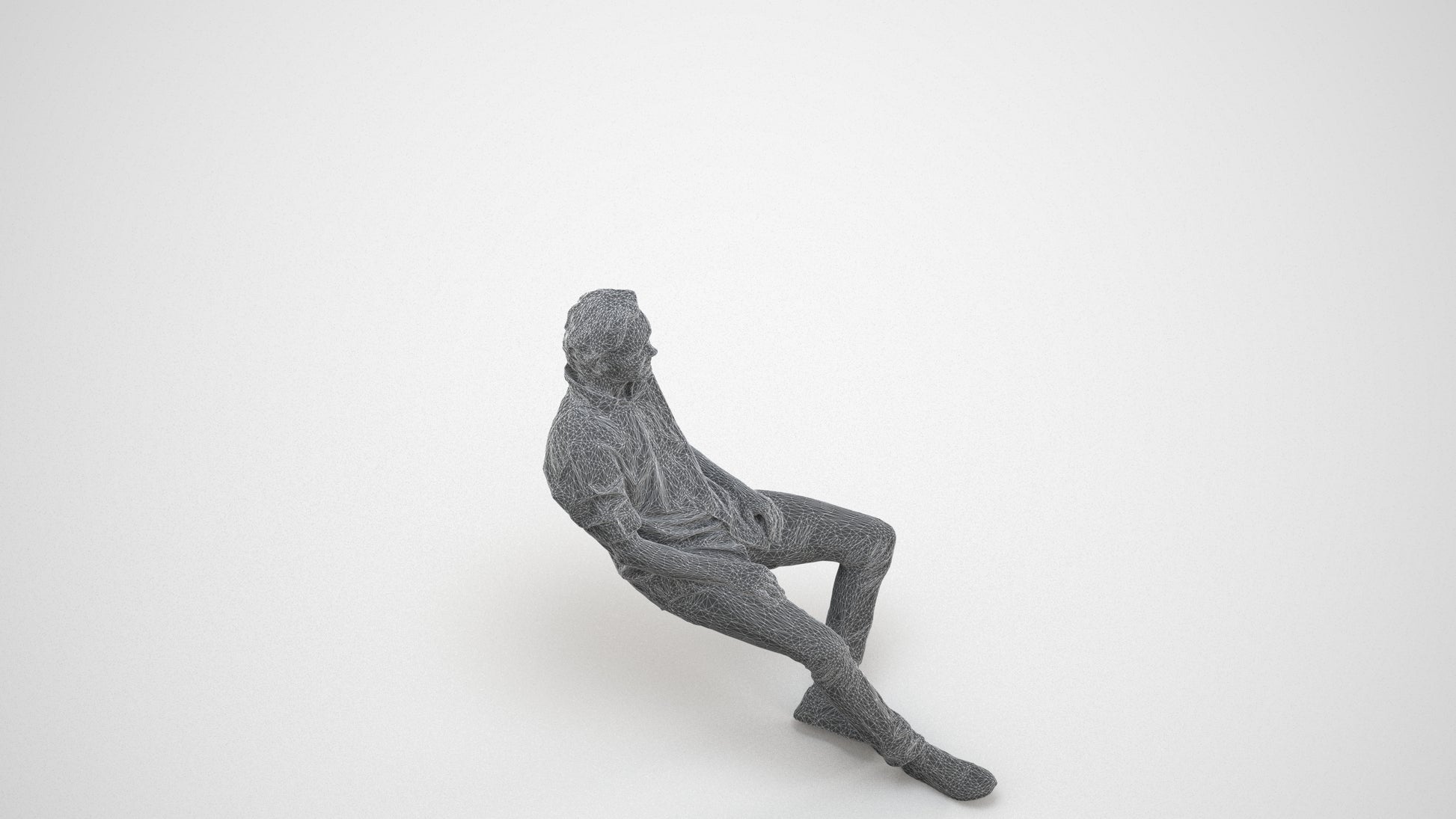 realistic 3D human man casual sitting, archviz people FBX OBJ for Blender, wireframe three-quarter view
