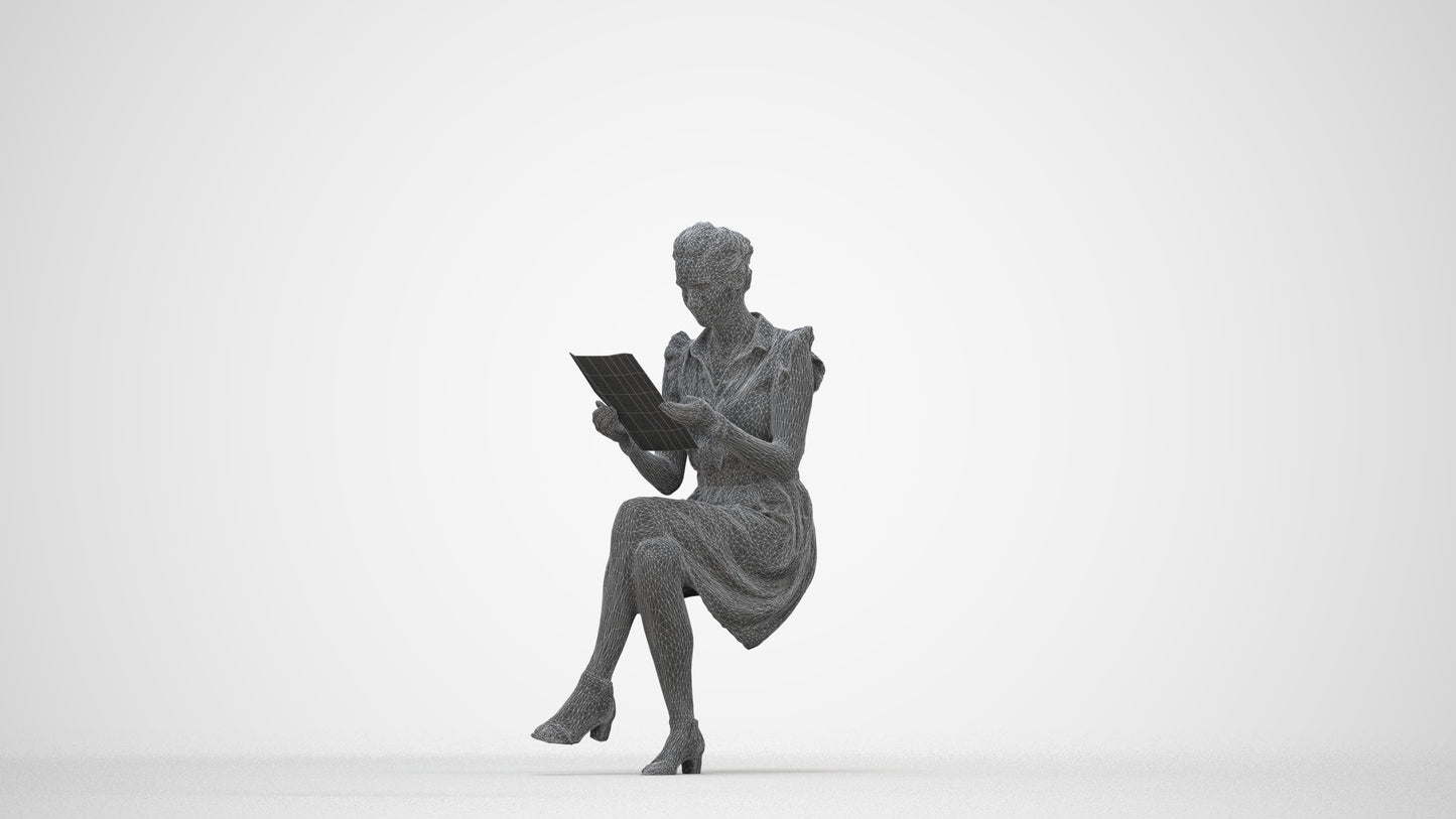3D people model woman casual sitting, scanned human for 3ds Max rendering, wireframe back view