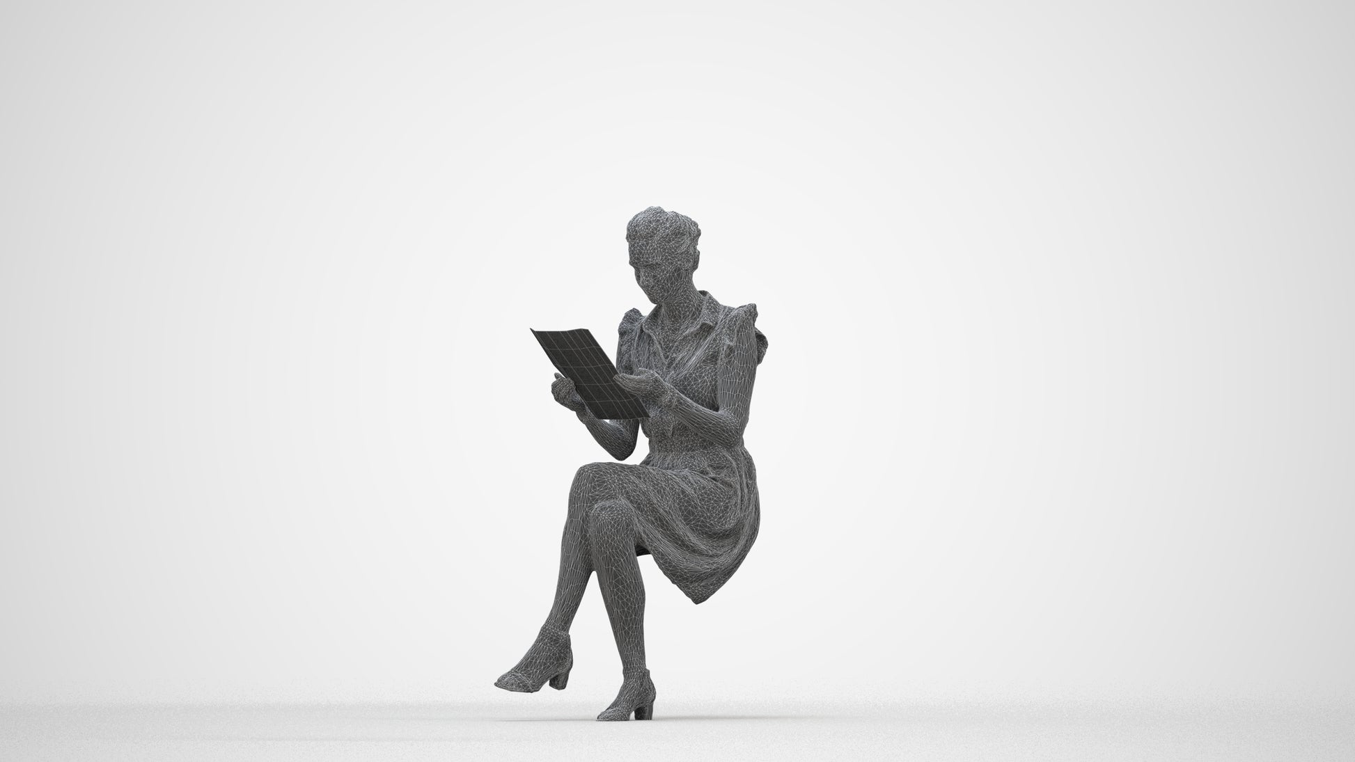 3D people model woman casual sitting, scanned human for 3ds Max rendering, wireframe back view