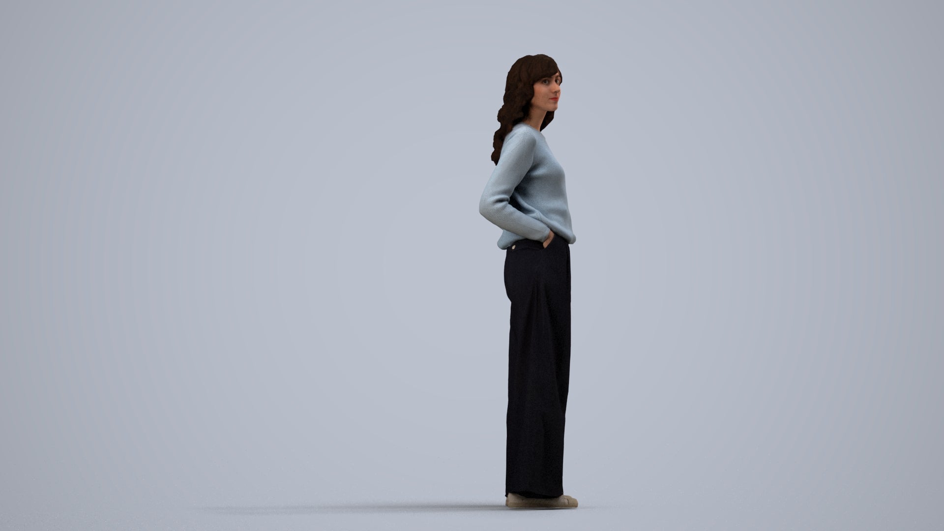 scanned 3D woman casual standing, photogrammetry people for Enscape and V-Ray, side view render