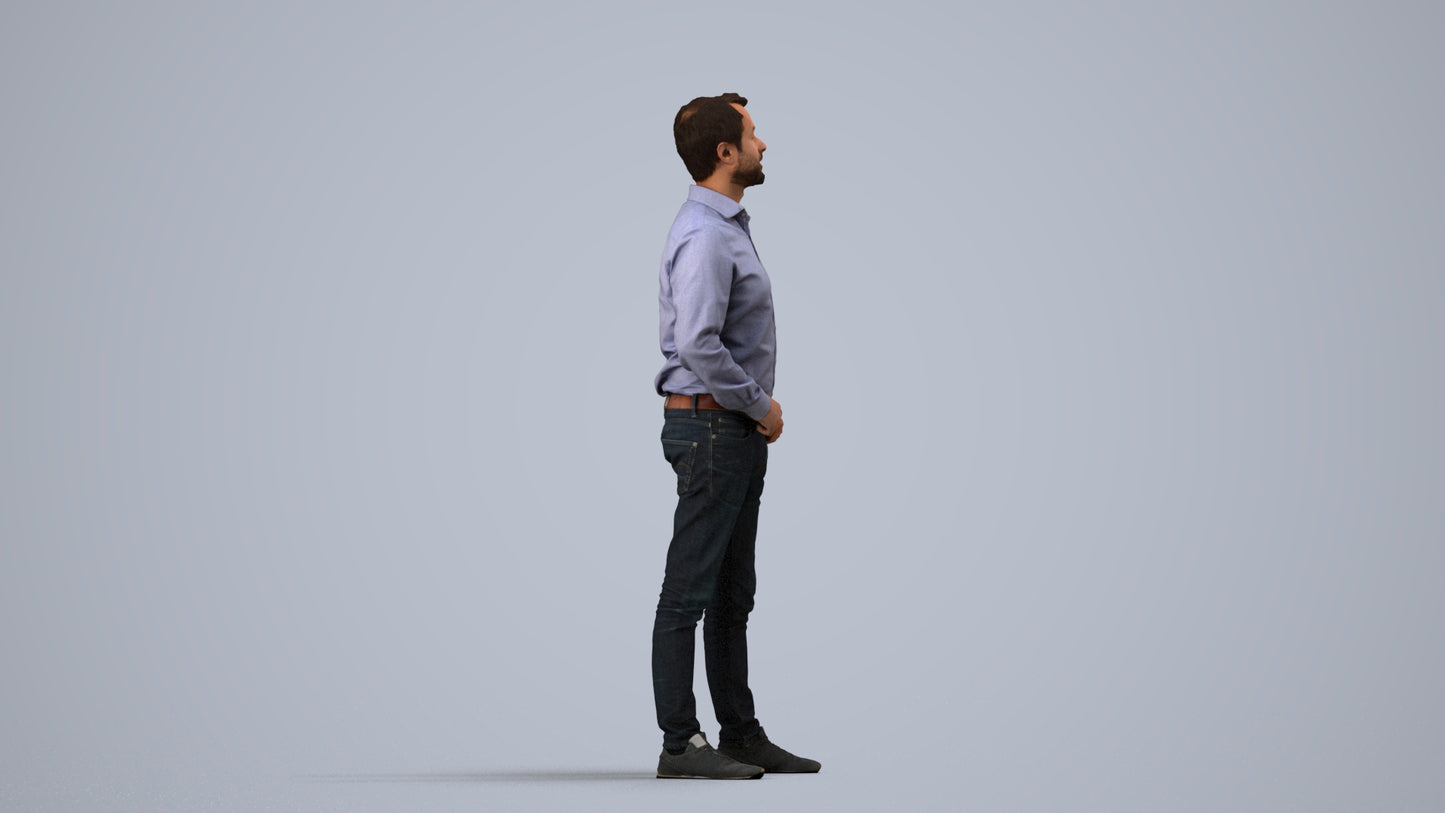 3D scanned man standing business, photorealistic archviz people for Enscape and SketchUp, side view render