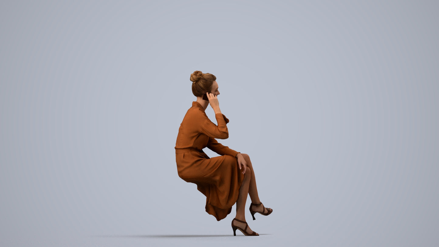 realistic 3D woman casual sitting, scanned archviz people for Blender and 3ds Max, side view render