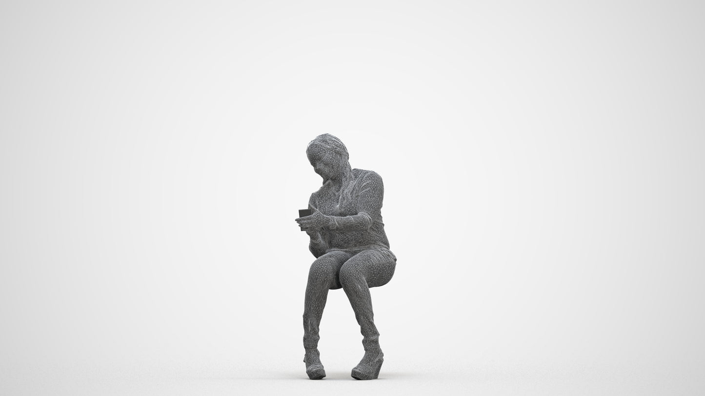 scanned 3D woman casual sitting, photogrammetry people for Enscape and V-Ray, three-quarter front view render