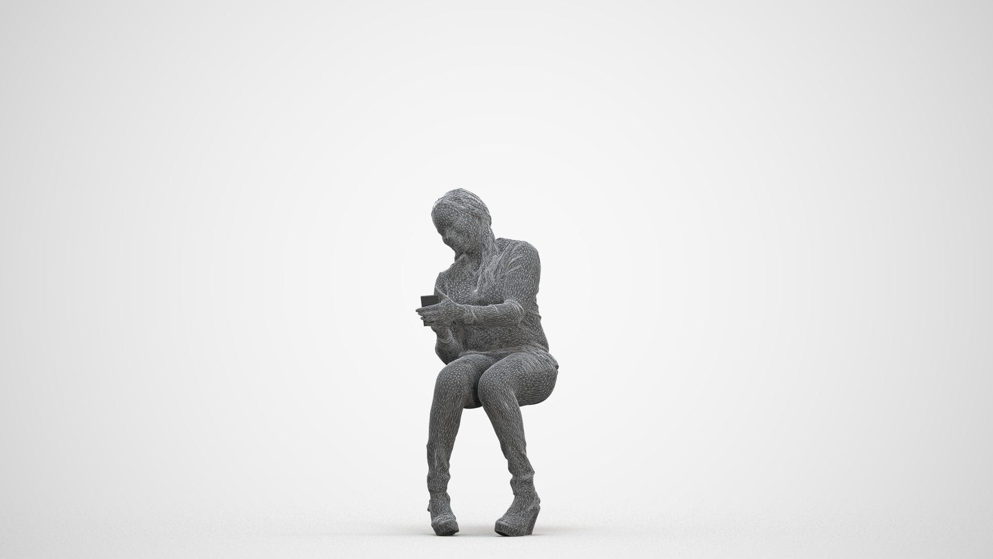 scanned 3D woman casual sitting, photogrammetry people for Enscape and V-Ray, three-quarter front view render