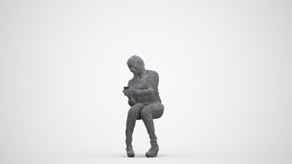scanned 3D woman casual sitting, photogrammetry people for Enscape and V-Ray, three-quarter front view render