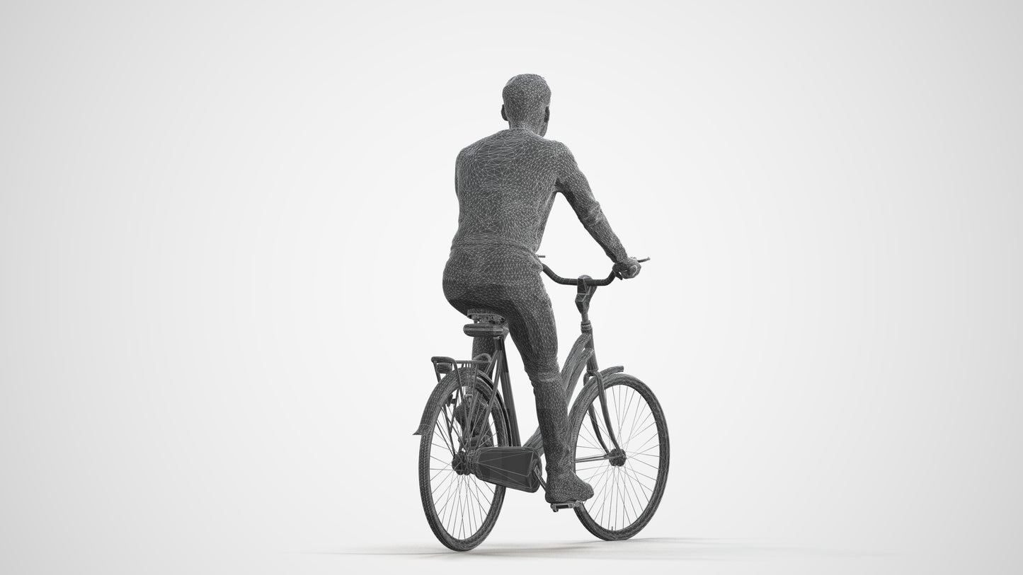 realistic 3D man casual cycling, scanned archviz people for Blender and 3ds Max, wireframe front view