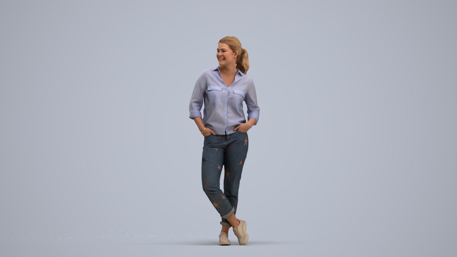 3D scanned woman standing casual, photorealistic archviz people for Enscape and SketchUp, standing pose render