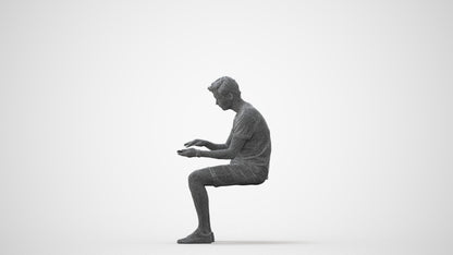 3D human model man casual sitting, photogrammetry scanned person for archviz, square thumbnail