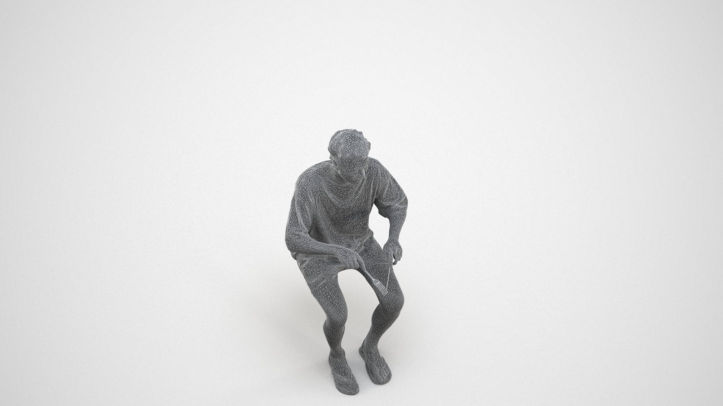 realistic 3D man casual sitting, scanned archviz people for Blender and 3ds Max, wireframe three-quarter view