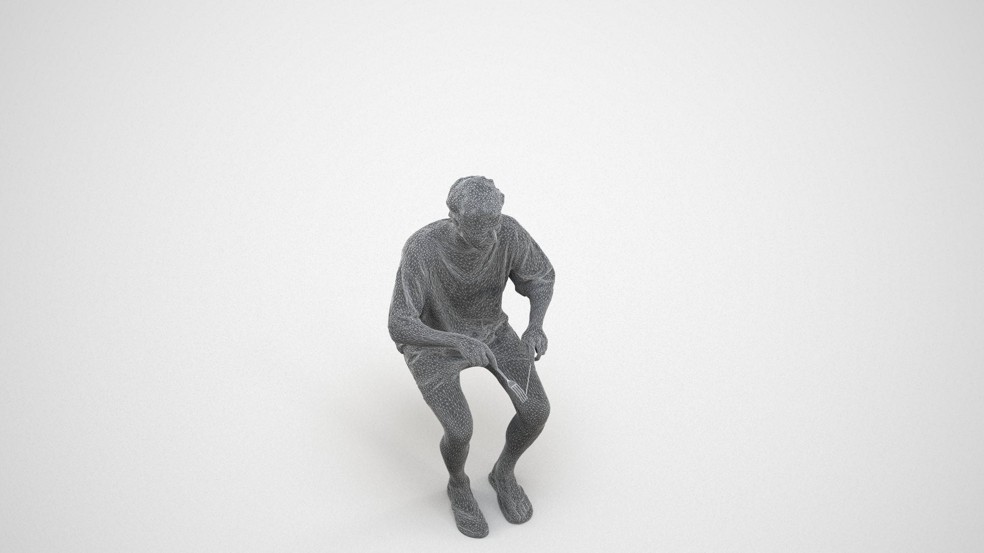 realistic 3D man casual sitting, scanned archviz people for Blender and 3ds Max, wireframe three-quarter view