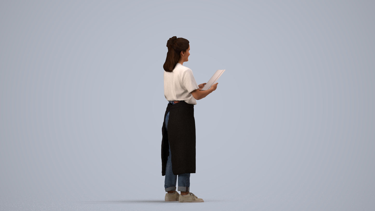 realistic 3D people woman hospitality, render-ready for V-Ray and Corona, FBX OBJ, side view render
