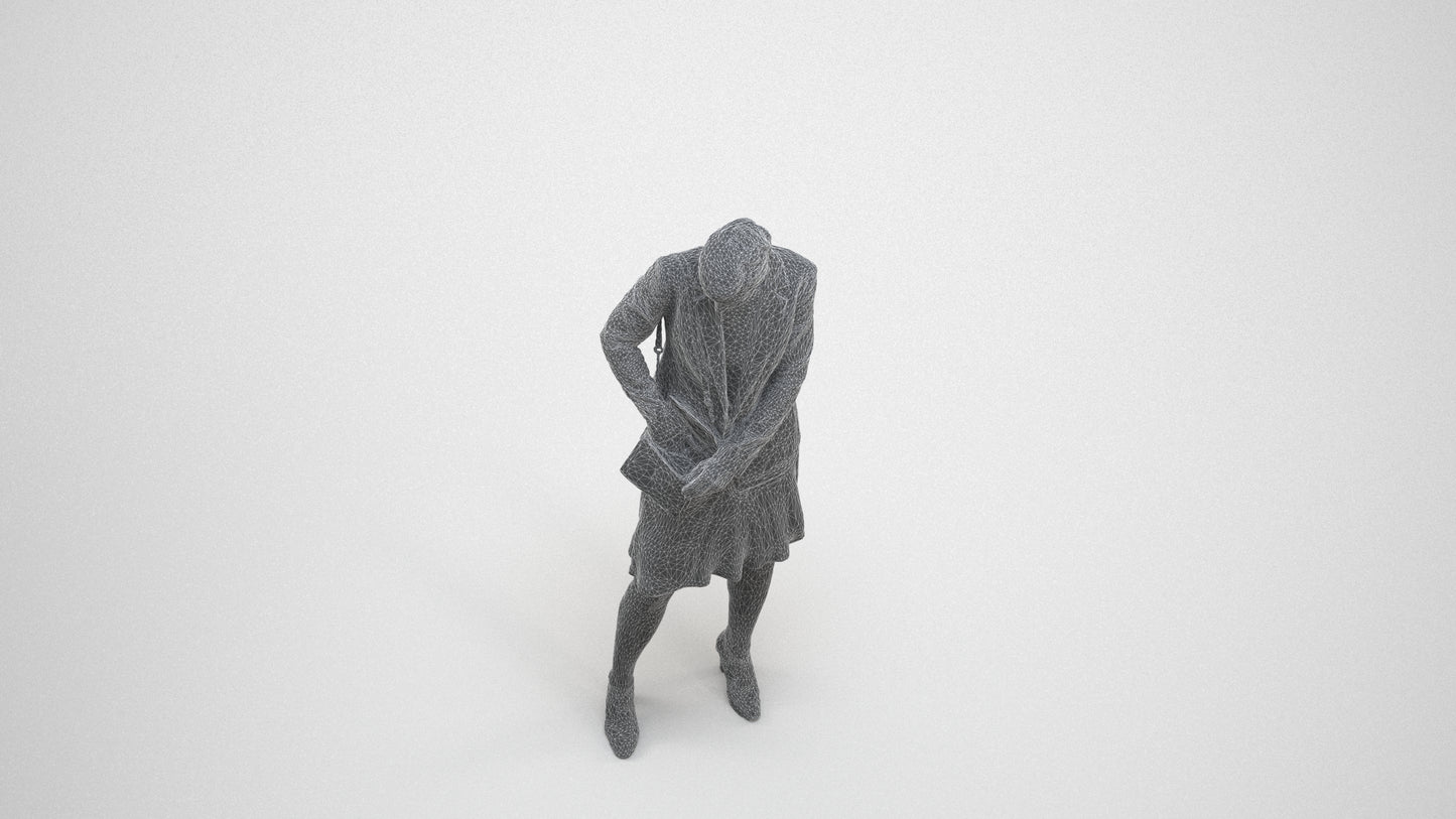 photogrammetry 3D woman business standing, realistic human model archviz FBX, wireframe three-quarter view