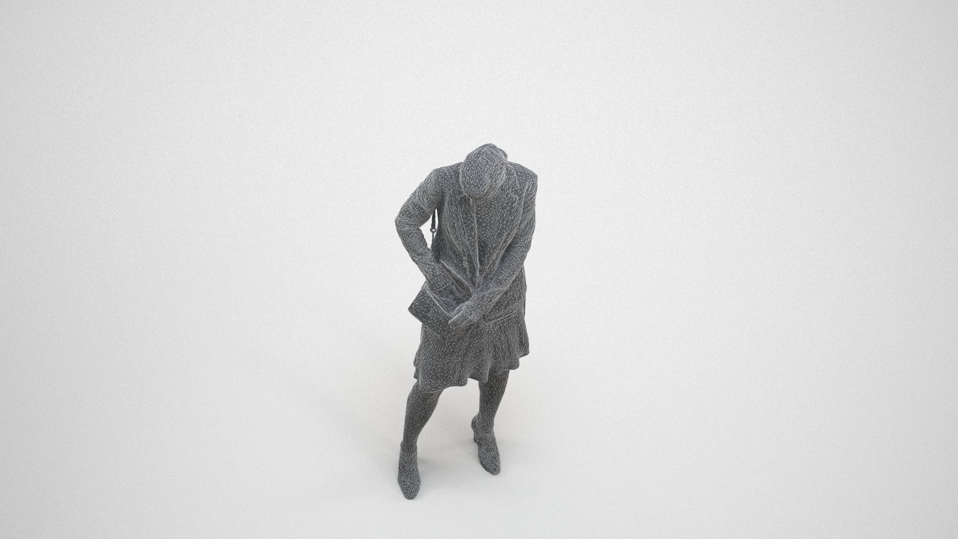 photogrammetry 3D woman business standing, realistic human model archviz FBX, wireframe three-quarter view