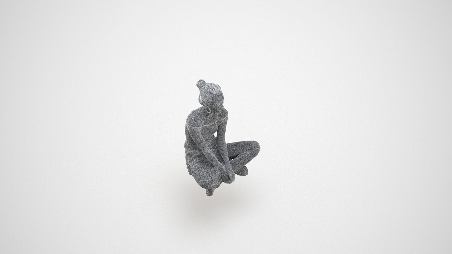 scanned 3D woman casual sitting, photogrammetry people for Enscape and V-Ray, wireframe three-quarter view