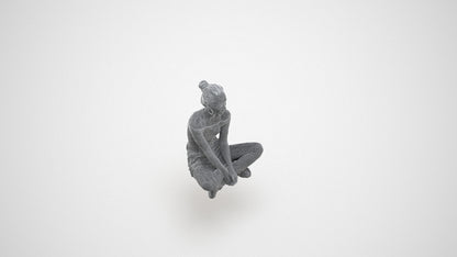 scanned 3D woman casual sitting, photogrammetry people for Enscape and V-Ray, wireframe three-quarter view
