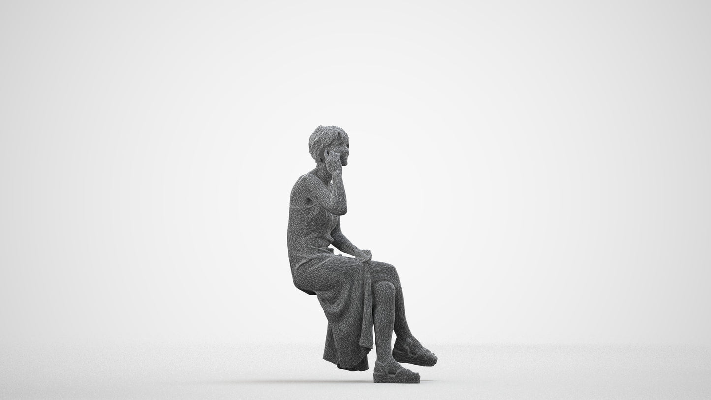 3D scanned senior woman sitting, photorealistic archviz people for Enscape and SketchUp, wireframe side view