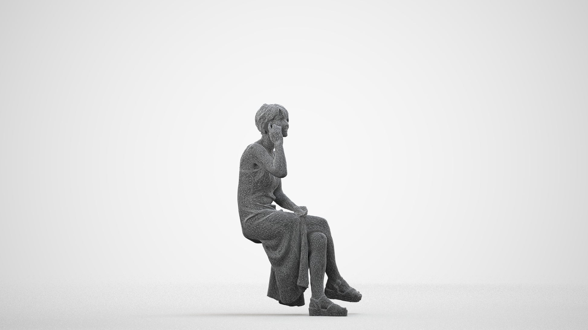 3D scanned senior woman sitting, photorealistic archviz people for Enscape and SketchUp, wireframe side view