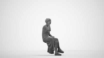 3D scanned senior woman sitting, photorealistic archviz people for Enscape and SketchUp, wireframe side view