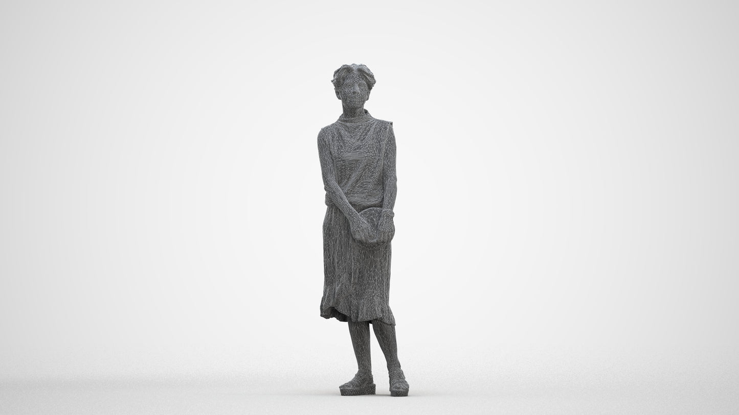 3D human model woman casual standing, photogrammetry scanned person for archviz, three-quarter front view render