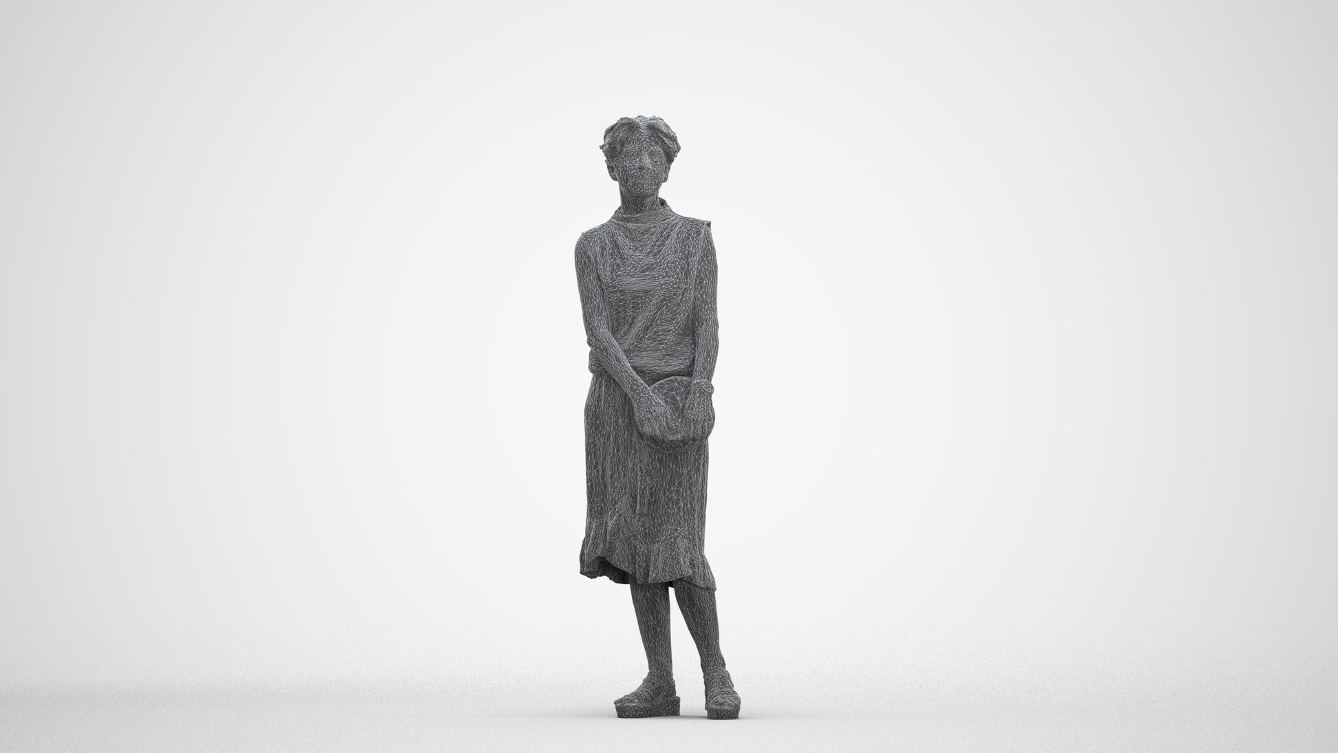 3D human model woman casual standing, photogrammetry scanned person for archviz, three-quarter front view render