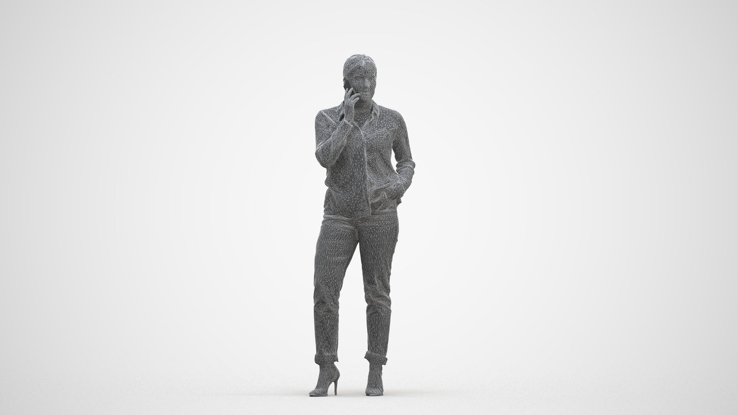 3D scanned woman standing casual, photorealistic archviz people for Enscape and SketchUp, three-quarter front view render
