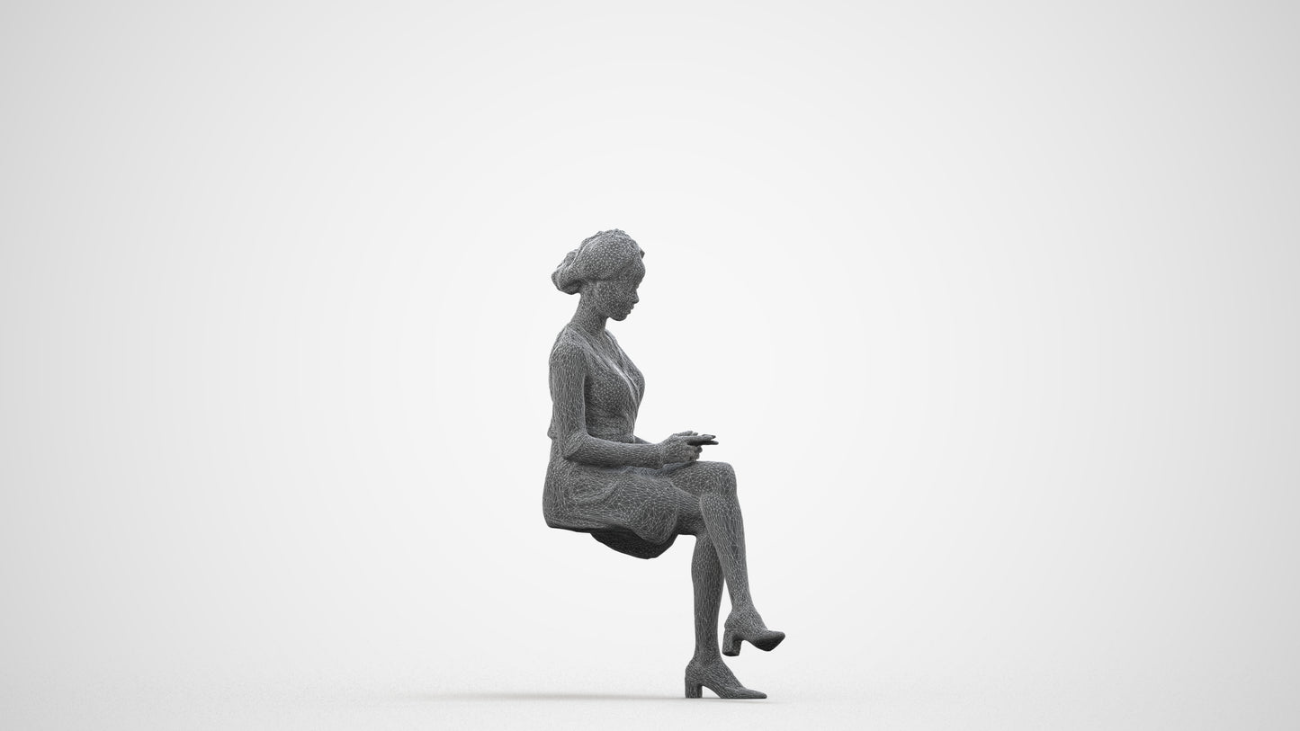realistic 3D woman casual sitting, scanned archviz people for Blender and 3ds Max, wireframe side view