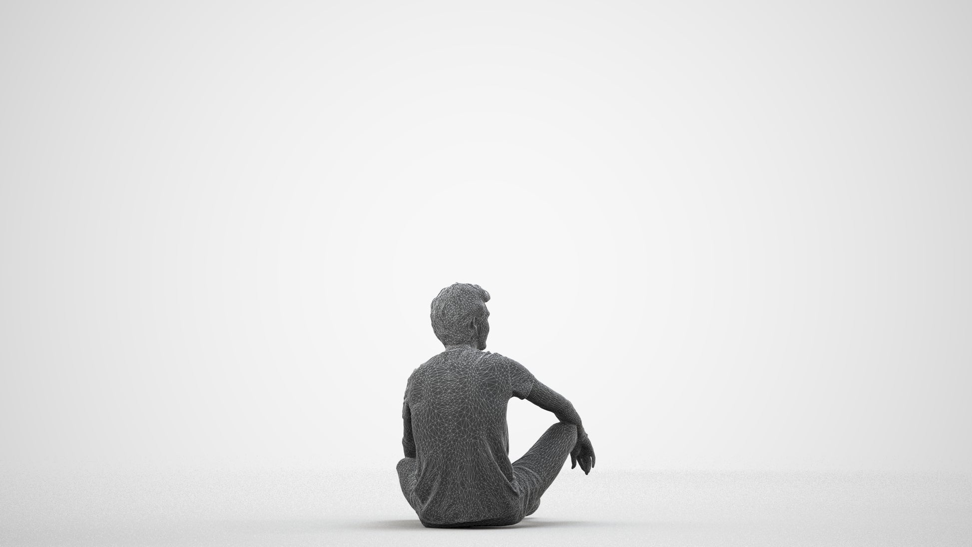 3D scanned man sitting casual, photorealistic archviz people for Enscape and SketchUp, wireframe side view