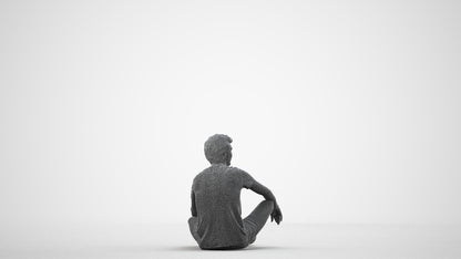 3D scanned man sitting casual, photorealistic archviz people for Enscape and SketchUp, wireframe side view