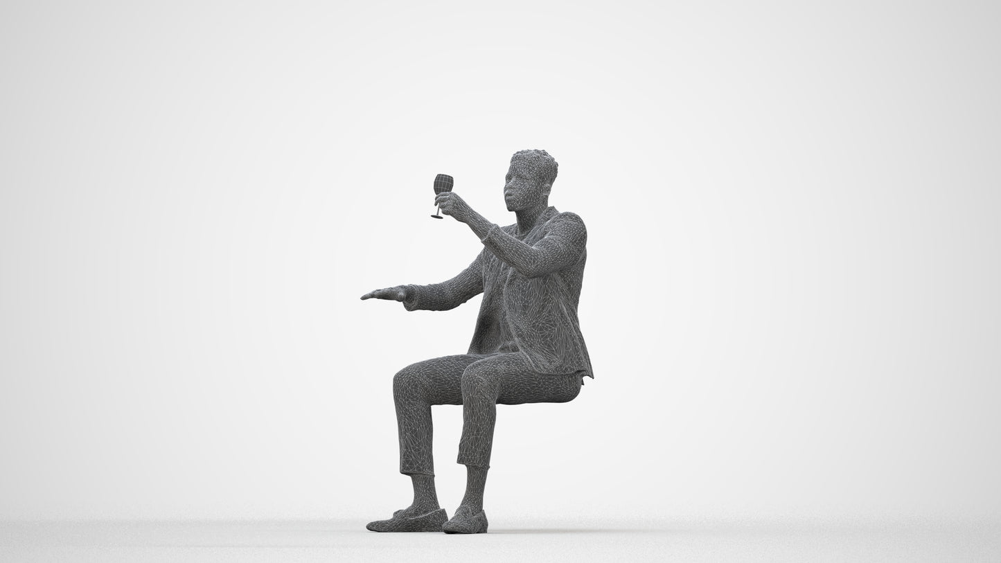 3D scanned man sitting formal, photorealistic archviz people for Enscape and SketchUp, wireframe back view