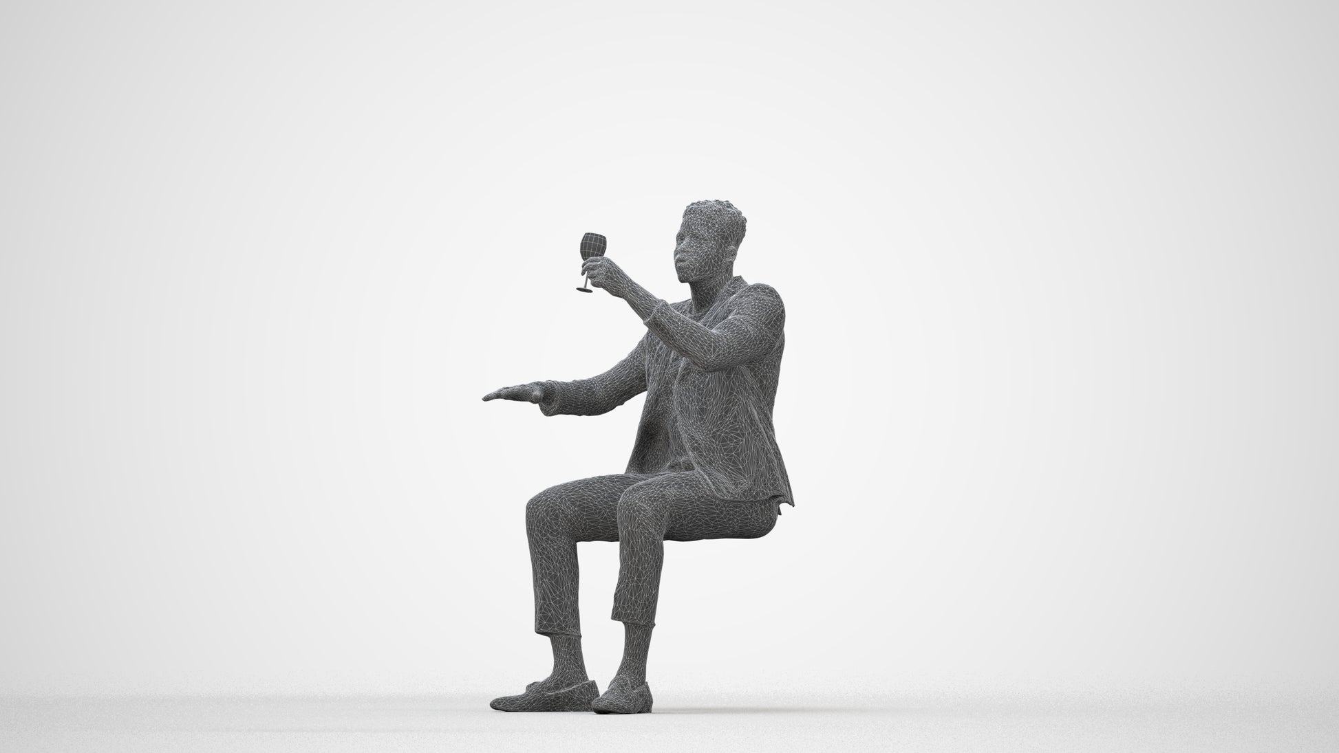 3D scanned man sitting formal, photorealistic archviz people for Enscape and SketchUp, wireframe back view