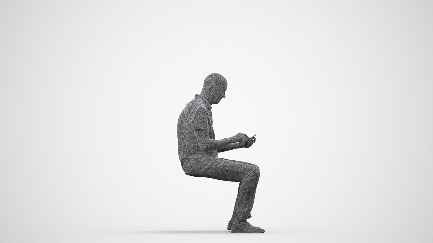 realistic 3D senior man casual sitting, scanned archviz people for Blender and 3ds Max, wireframe side view