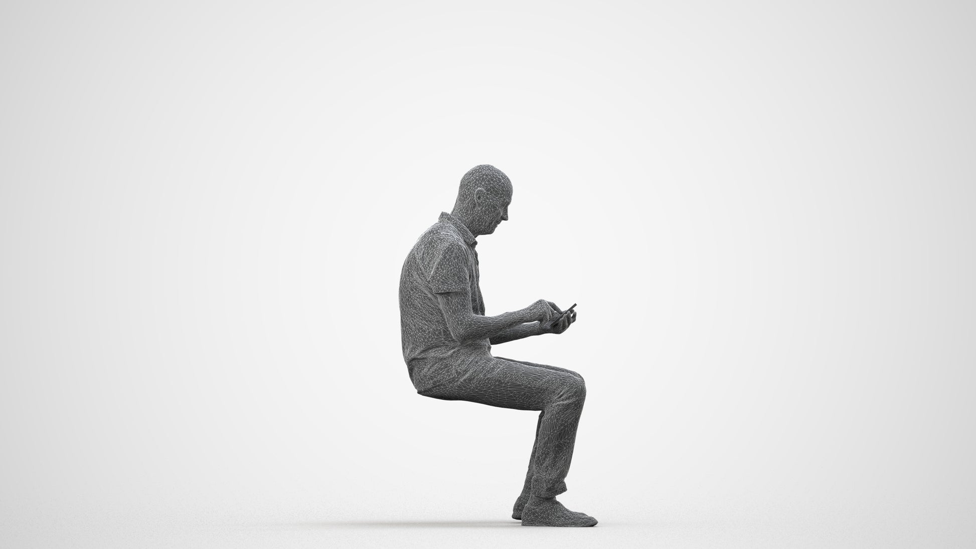 realistic 3D senior man casual sitting, scanned archviz people for Blender and 3ds Max, wireframe side view