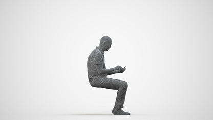 realistic 3D senior man casual sitting, scanned archviz people for Blender and 3ds Max, wireframe side view