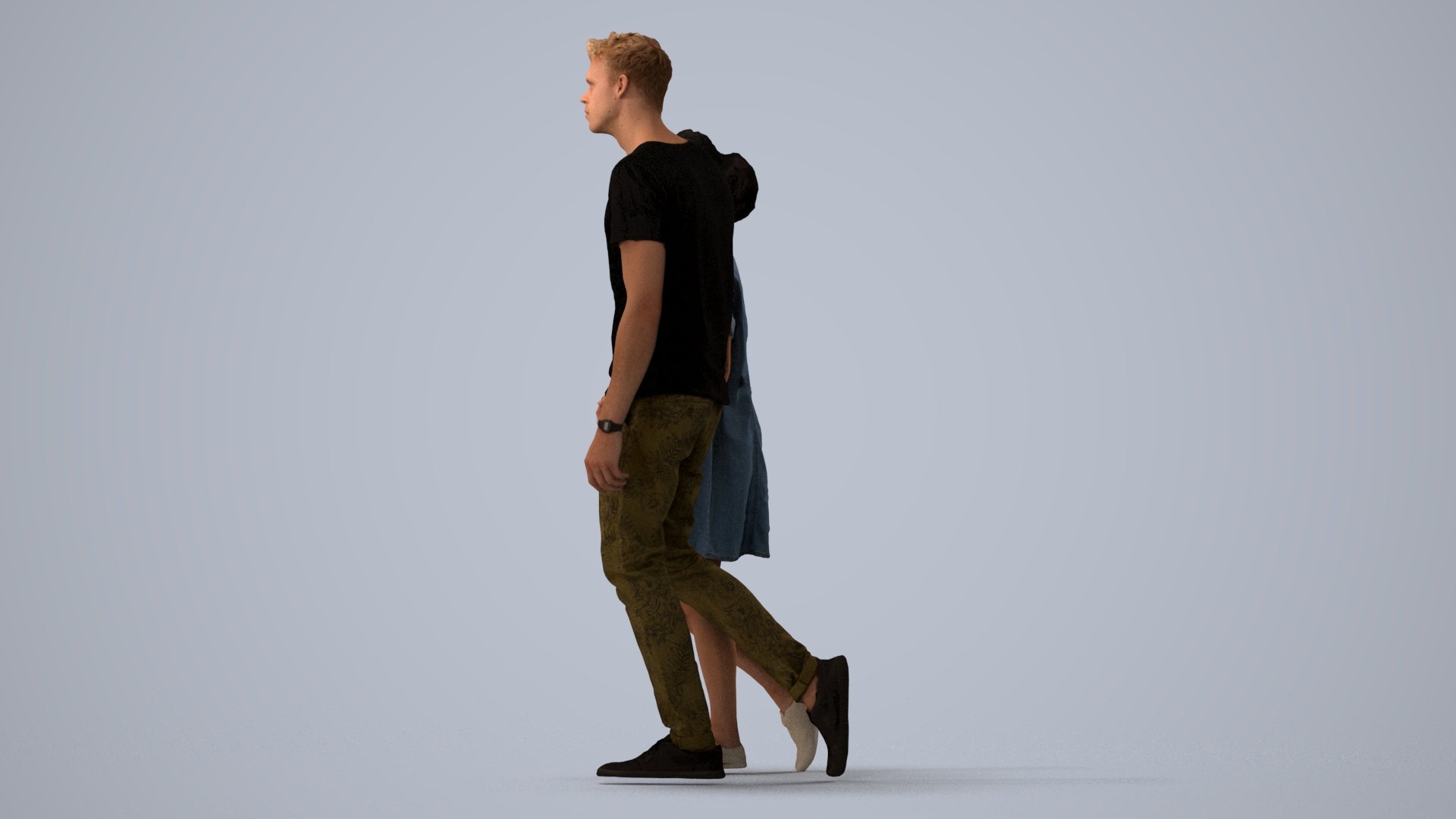 3D human model woman casual couple, photogrammetry scanned person for archviz, three-quarter view render