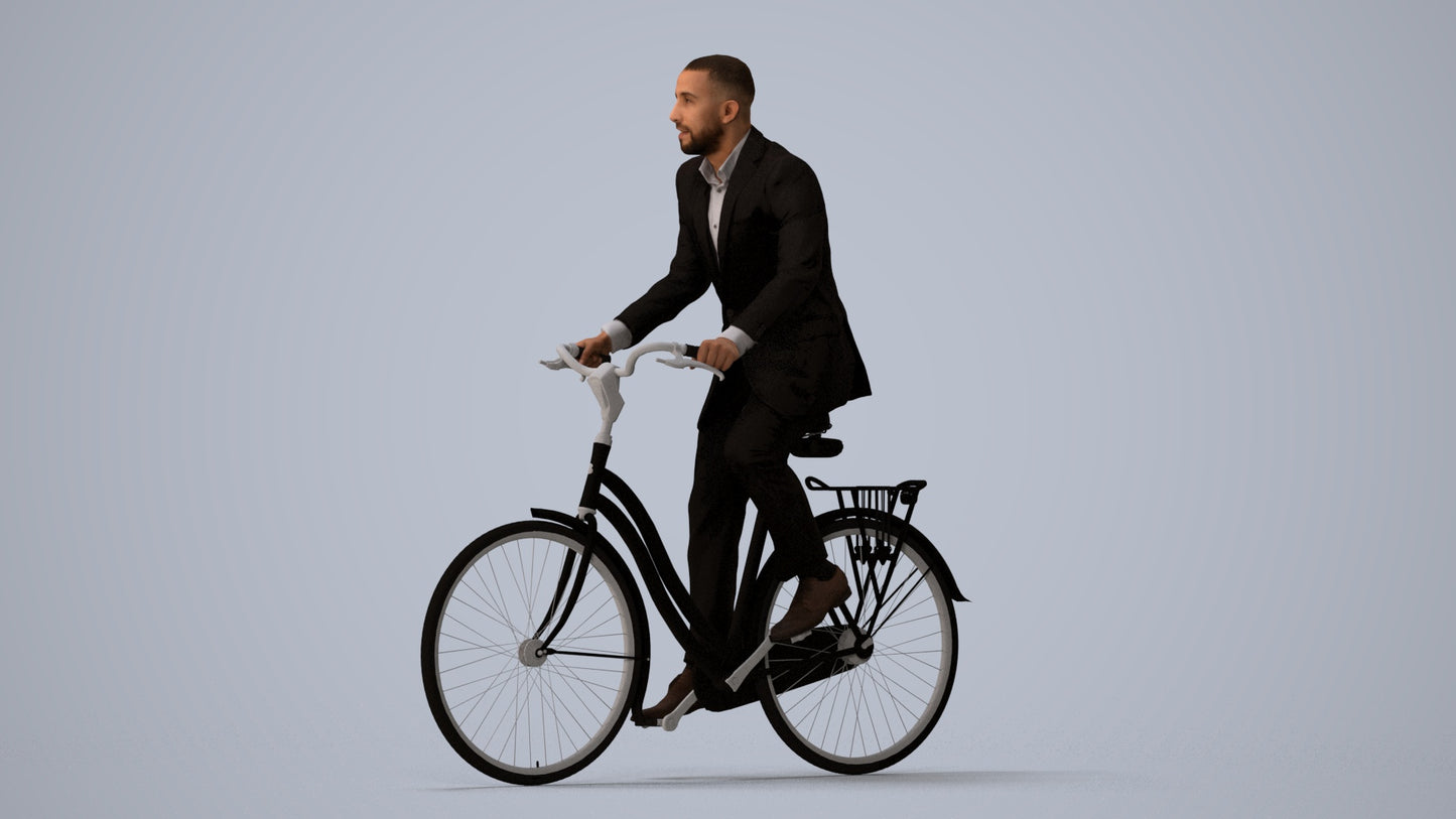3D people model man business cycling, scanned human for 3ds Max rendering, three-quarter view render