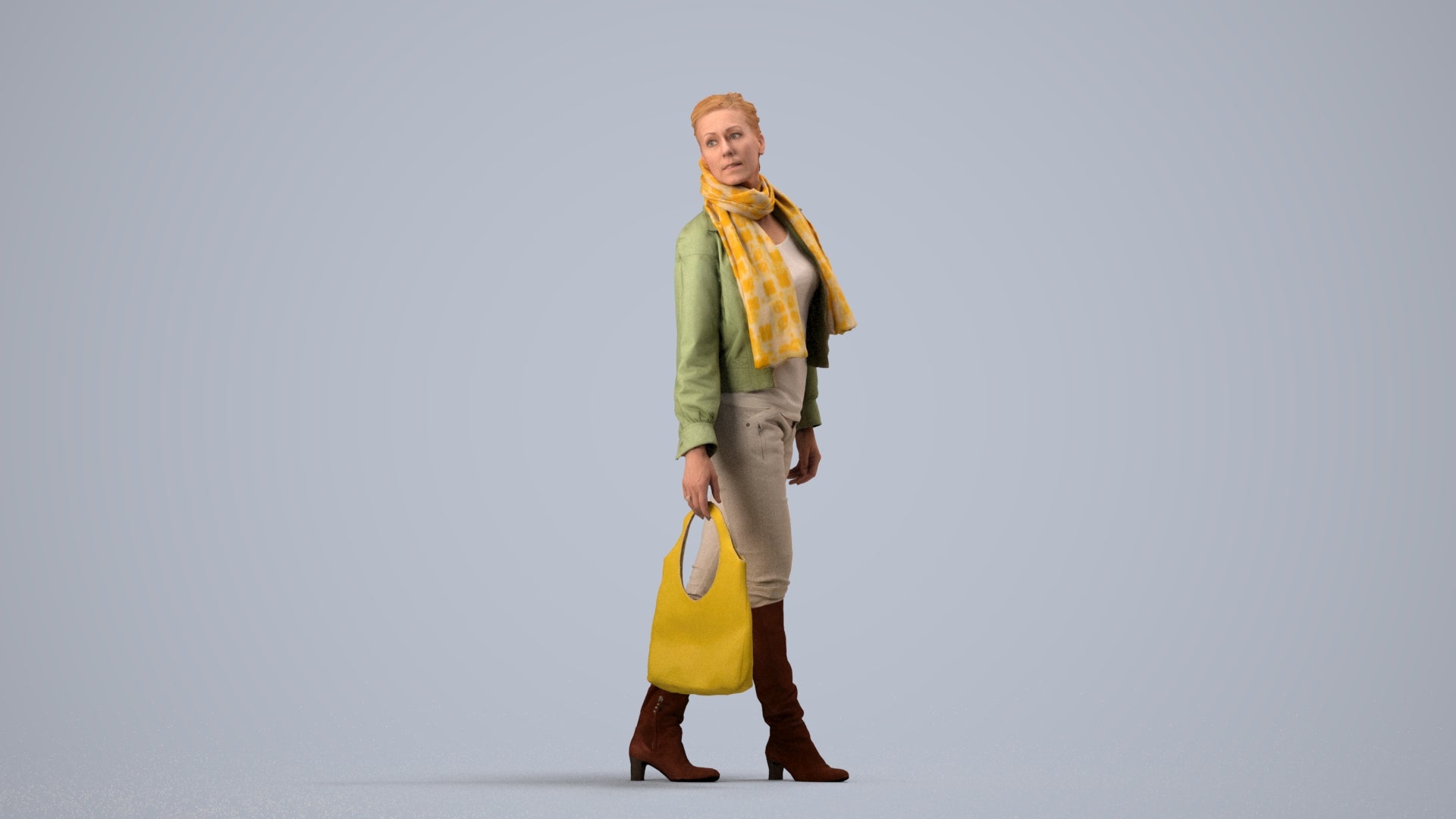 realistic 3D human woman casual walking, archviz people FBX OBJ for Blender, side view render