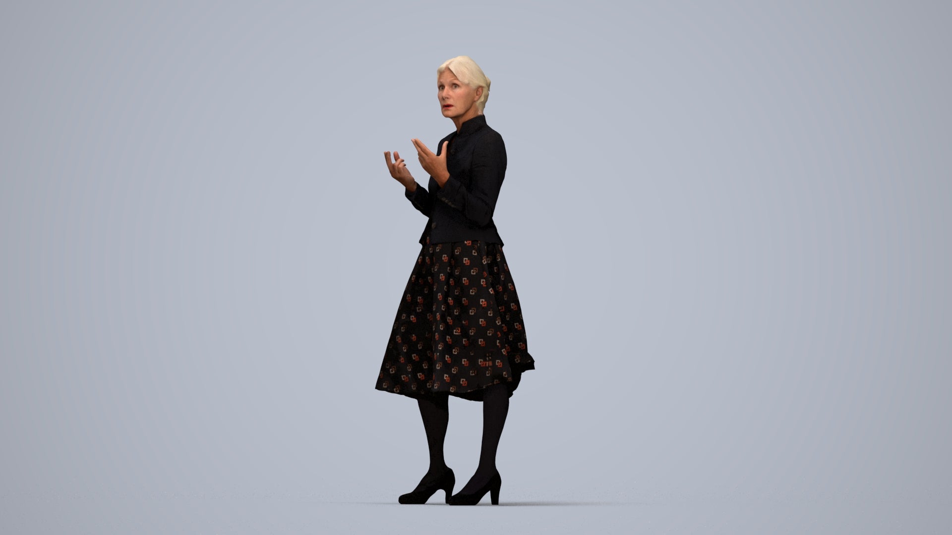 realistic 3D senior woman business standing, scanned archviz people for Blender and 3ds Max, top-down view render