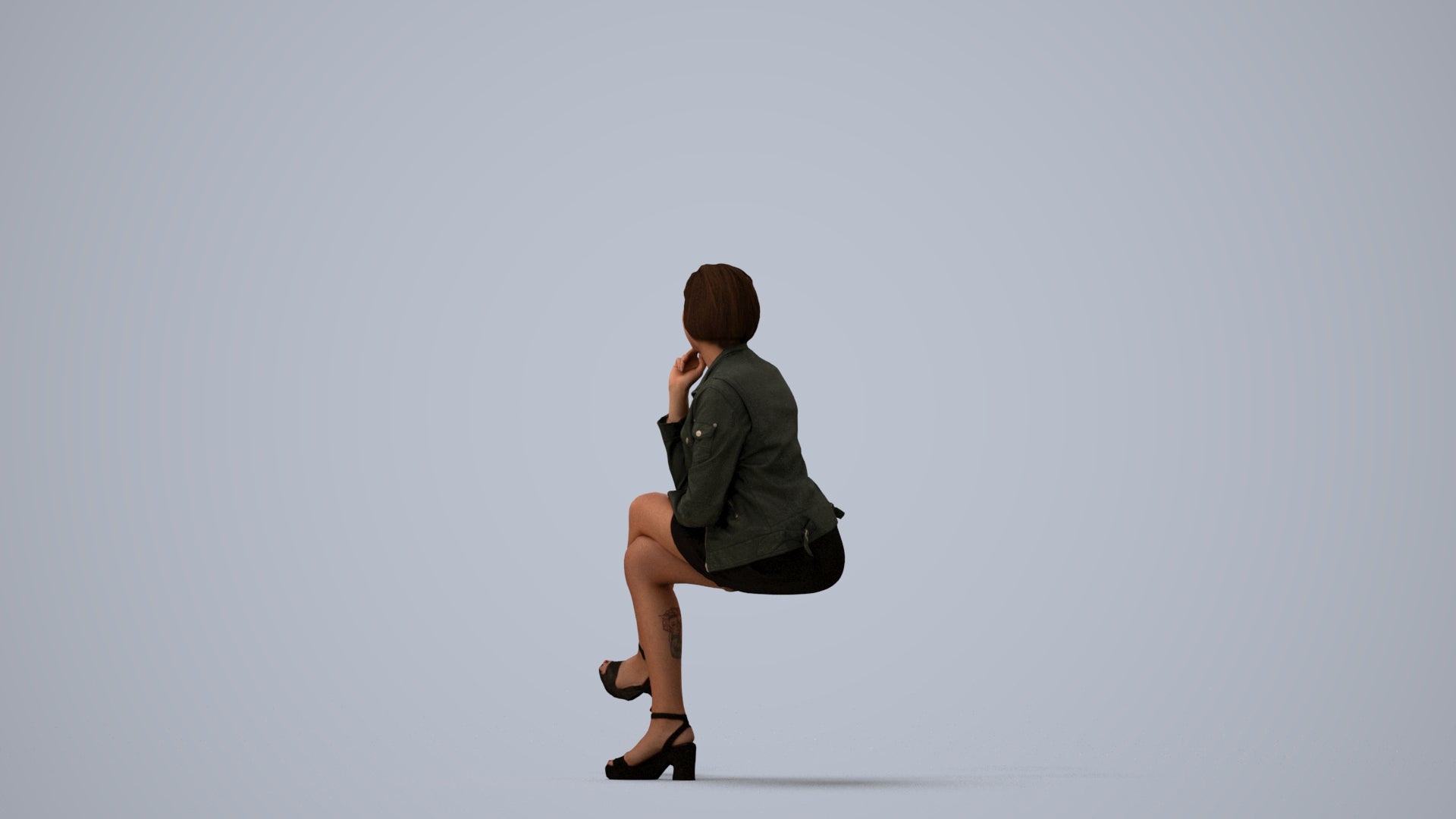 3D scanned woman sitting casual, photorealistic archviz people for Enscape and SketchUp, three-quarter view render
