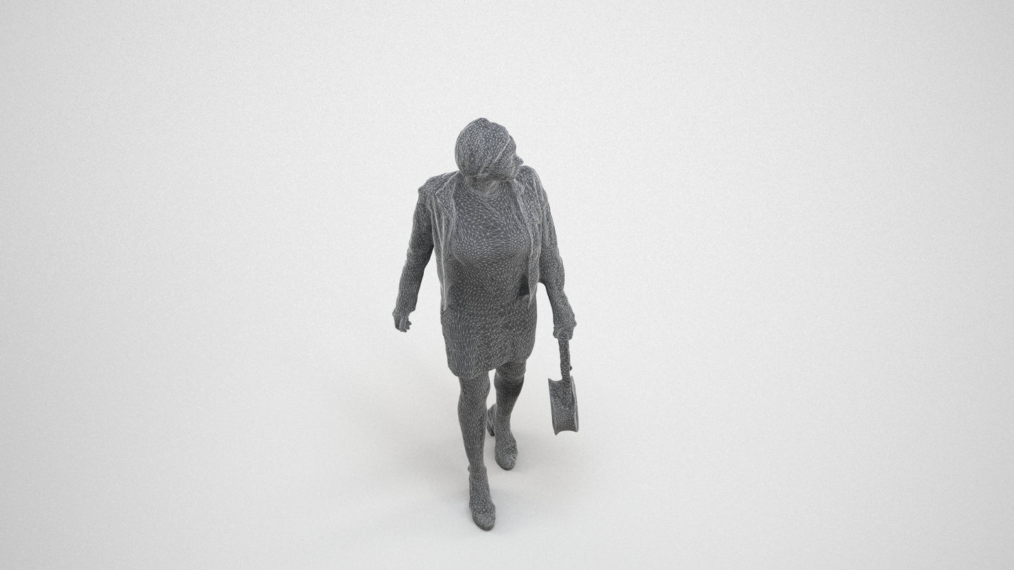 3D scanned woman walking casual, photorealistic archviz people for Enscape and SketchUp, wireframe three-quarter view