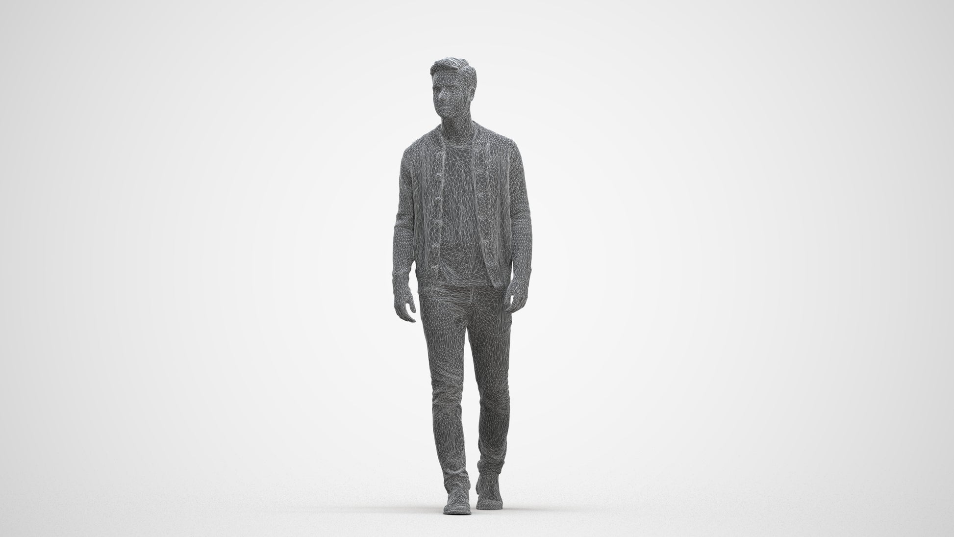 realistic 3D human man casual walking, archviz people FBX OBJ for Blender, three-quarter front view render