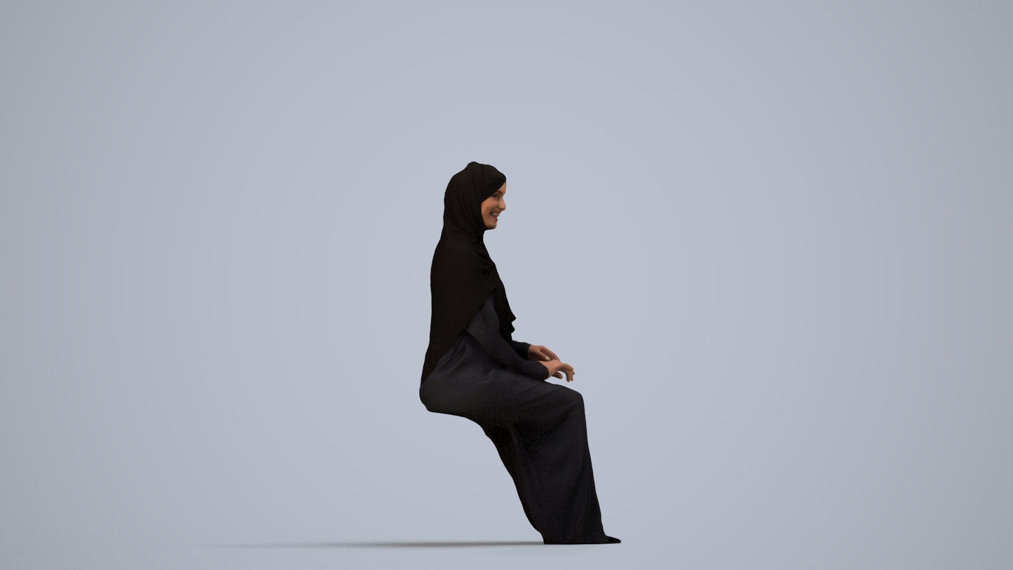 realistic 3D human woman sitting, archviz people FBX OBJ for Blender, side view render