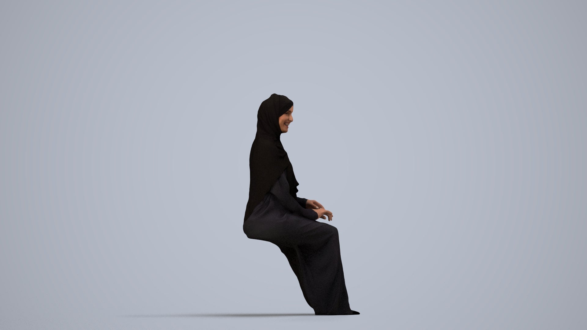 realistic 3D human woman sitting, archviz people FBX OBJ for Blender, side view render